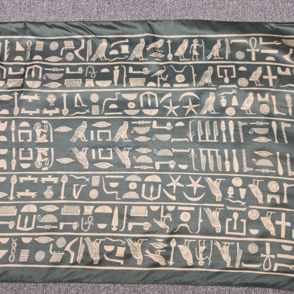 British Museum Silk Scarf Egyptian Hieroglyphics Green Cream Oblong Italy 11x51"